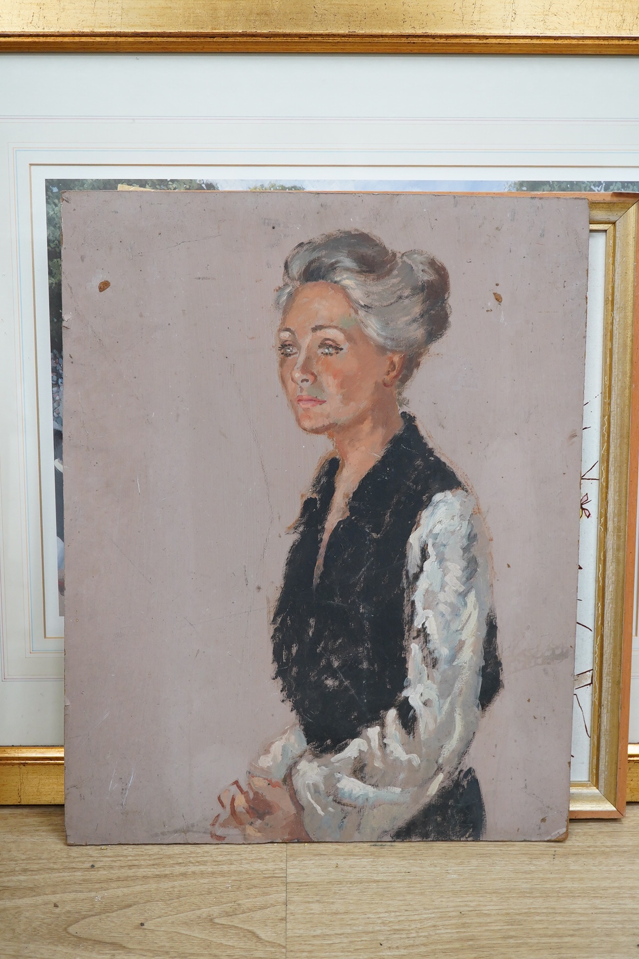 20th century English School, oil on canvas board, Half length portrait of a woman, 51 x 40cm, unframed. Condition - poor